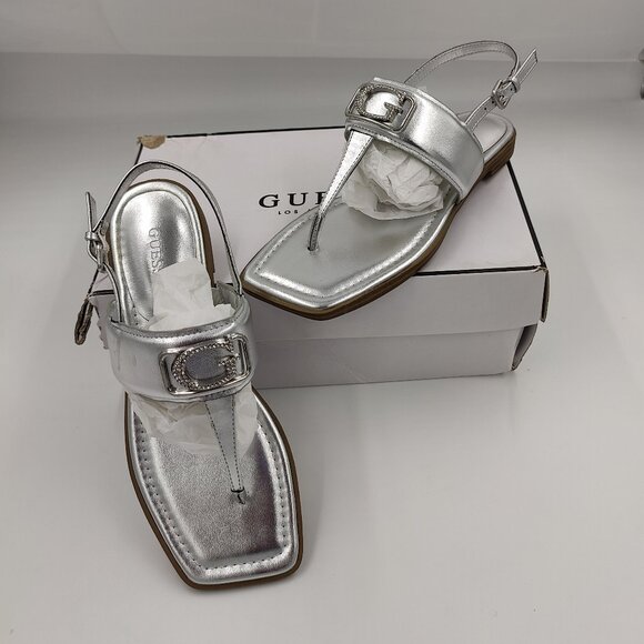 GUESS Arenna T-Strap F Metallic Silver-Tone Women's Size 8.5 - Picture 1 of 9